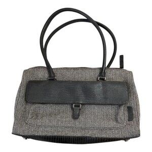 VTG Esprit Brown & Beige Herringbone Tote Bag – Faux Leather Trim – Classic Shou